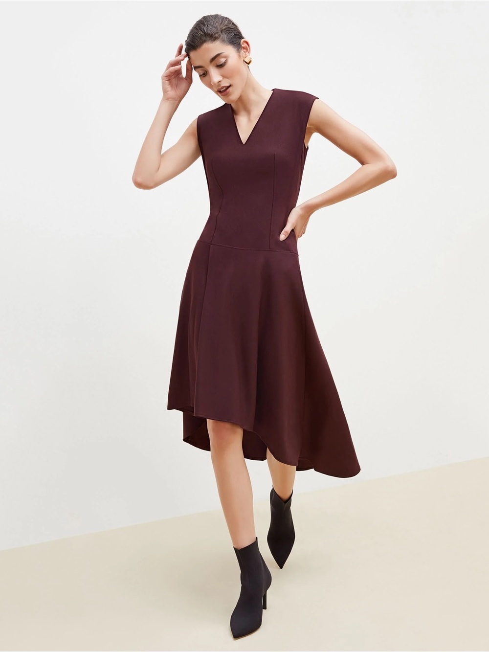 Sleeveless V-Neck Asymmetric Hem Dress in Deep Burgundy